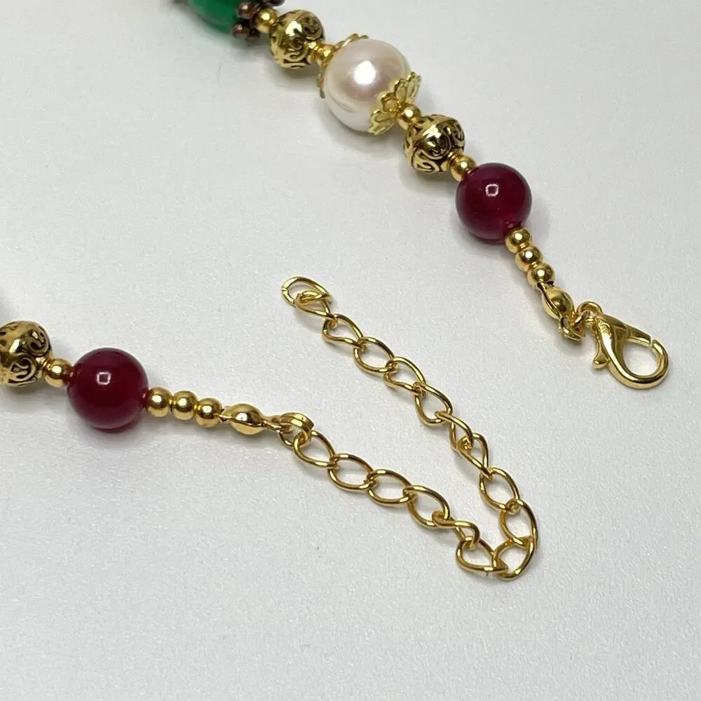 Stunning Green Red Gemstone Freshwater Pearl Beaded Necklace Gold Plated 23